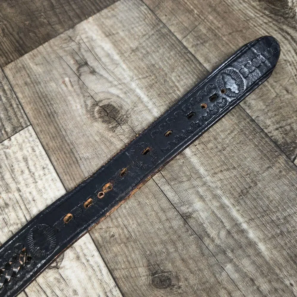 Cindilo Mexico Black Tooled Leather Western Belt Braided Cowboy 42 Distressed